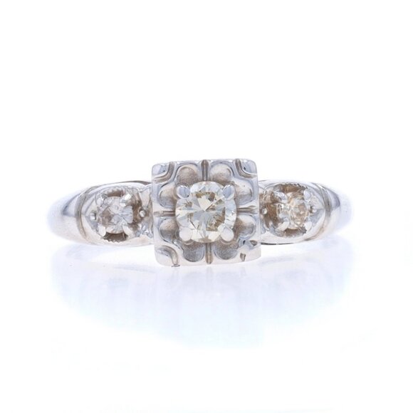White Gold Diamond Vintage Engagement Ring - 14k Round Brilliant .28ctw Floral